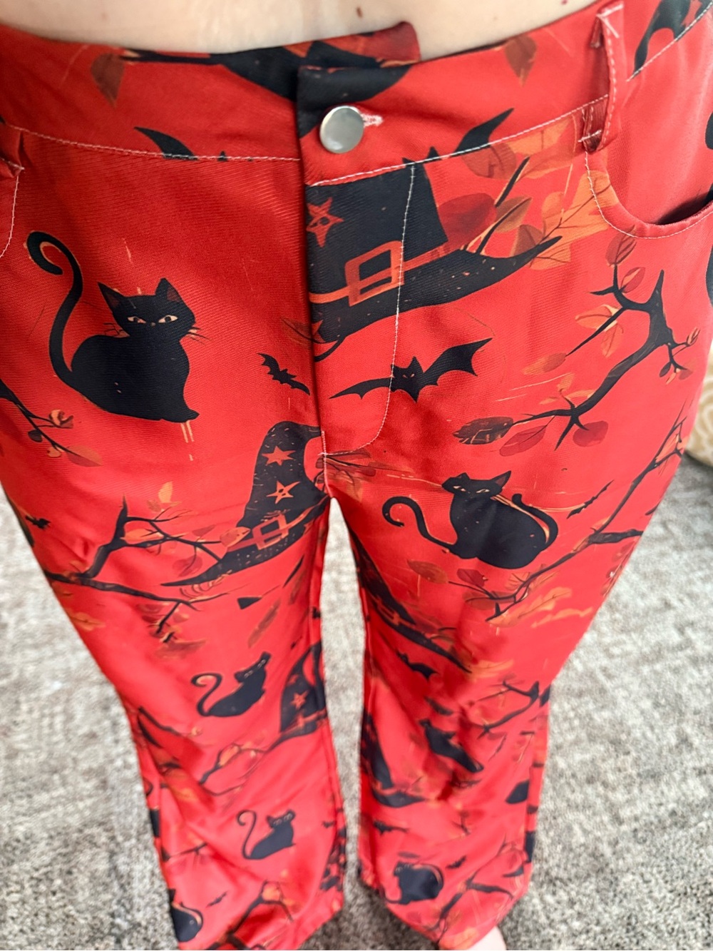 Women’s Halloween Spooky wide legged Pants with cats and hats Faux Denim
